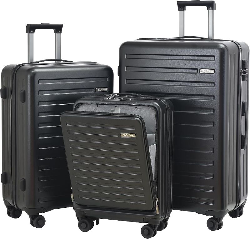 Photo 1 of 3Pcs (20/24/28) Luggage Set, HardShell Lightweight TSA Lock Only 20" with Front Pocket, 21.65*15.35*7.87" Fits Overhead Cabin, 24" (26*17.7*10.2") and 28" (19.68*11.81*29.92") Checked Luggage, Black
