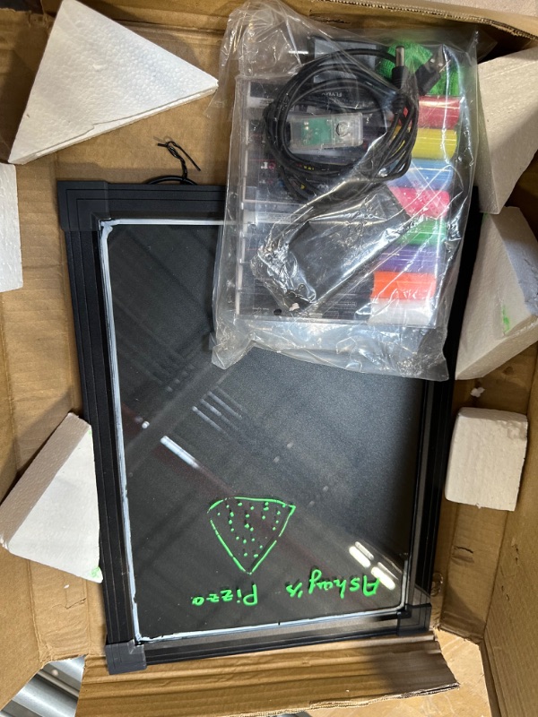 Photo 1 of Slsy Illuminated LED Message Writing Board, 16"X12" Erasable Neon Effect Menu Sign Board with 8 Fluorescent Makers Remote Control, 26 Flashing Modes Light Up Board 16'' X 12''