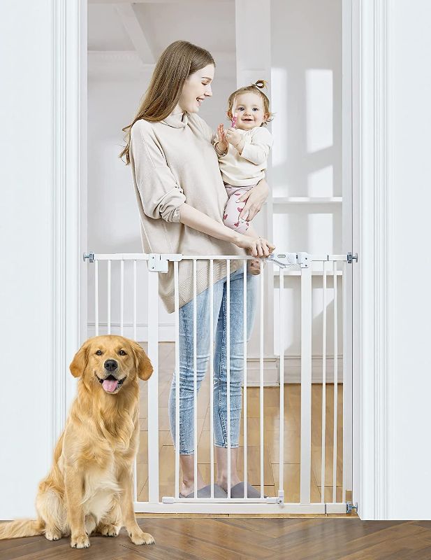 Photo 1 of InnoTruth Baby Gate for Stairs and Doorways 29"- 39.6", Extra 36" Tall Dog Gate No Drill Wall Protected, 45cm Wide Walk Thru Auto Close Metal Child Gate, Easy to Install and One-Hand Opening, White