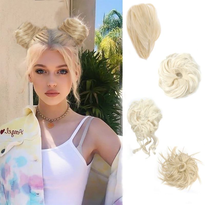 Photo 1 of 4 Pieces Messy Hair Bun for Women Messy Curly Hair Scrunchies Hairpieces Straight Hair Bun Short Ponytail Bun Synthetic Donut Updo Hair Pieces with Elastic Rubber 