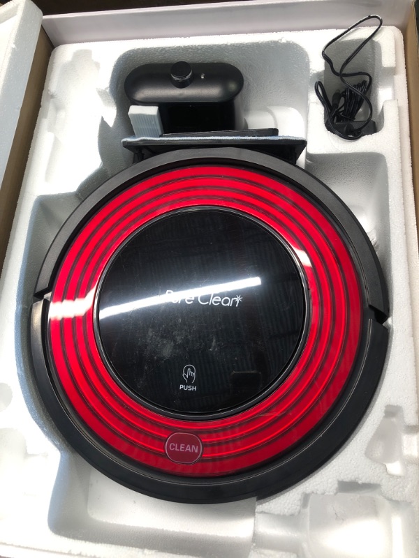Photo 1 of Robot Vacuum Cleaner and Dock - 1500pa Suction w/ Scheduling Activation and Charging Dock - Robotic Auto Home Cleaning for Carpet Hardwood Floor Pet Hair & Allergies Friendly - Pure Clean PUCRC95, Red
