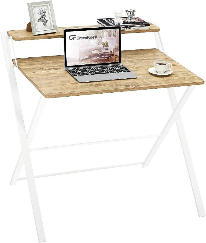 Photo 1 of GreenForest Small Folding Desk No Assembly Required, Fully Unfold 27.3 x 22 inch 2-Tier Computer Desk with Shelf Space Saving Foldable Table for Small Spaces, Oak