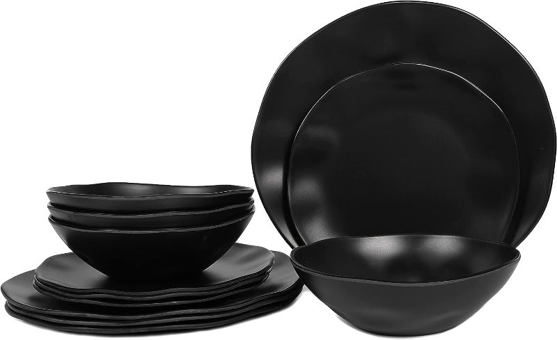 Photo 1 of *1 small plate broken, now 11pcs set* Irregular Melamine Dinnerware Sets-12 Piece Plates and Bowls Sets,Indoors and Outdoors Dinnerware,Service for 4,Dishwasher Safe,Black