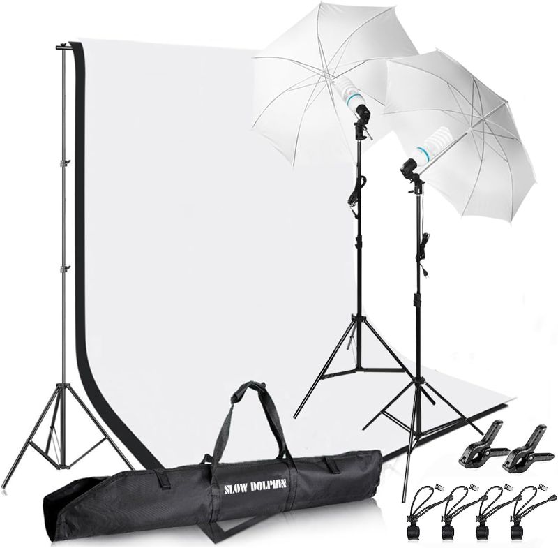 Photo 1 of SLOW DOLPHIN Photography Photo Video Studio Background Stand Support Kit with Muslin Backdrop Kits (White Black),1050W 5500K Daylight Umbrella Lighting Kit