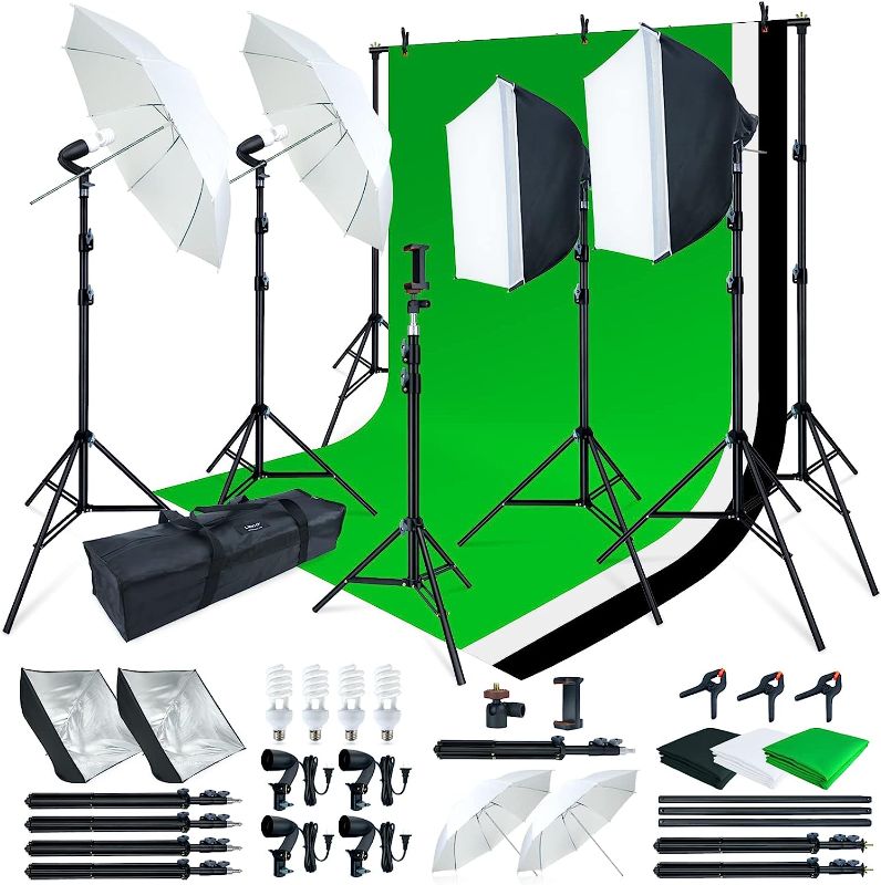 Photo 1 of LINCO Lincostore Photo Video Studio Light Kit AM169 - Including 3 Color Backdrops (Black/White/Green) Background Screen
