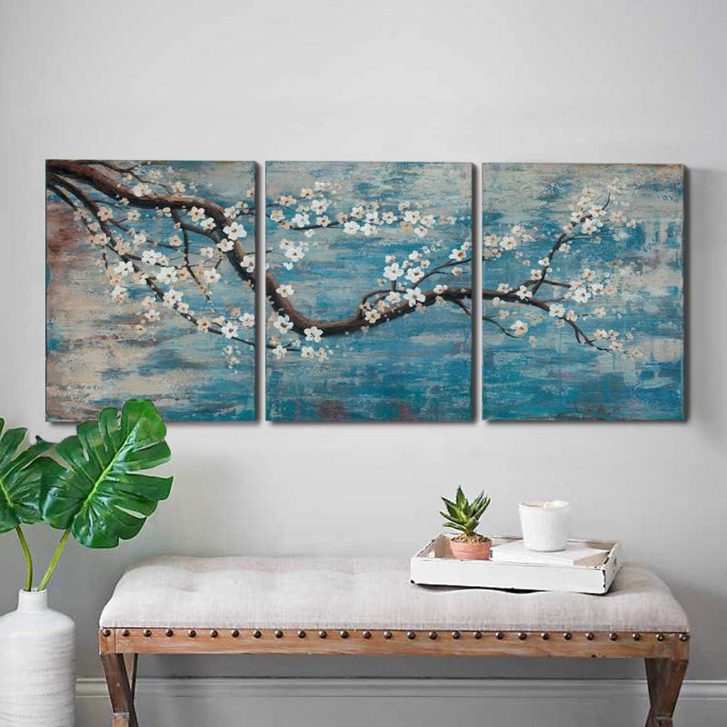 Photo 1 of amatop 3 Piece Wall Art Hand-Painted Framed Flower Oil Painting On Canvas Gallery Wrapped Modern Floral Artwork for Living Room Bedroom Décor Teal Blue Lake Ready to Hang 3x2x9 Panel