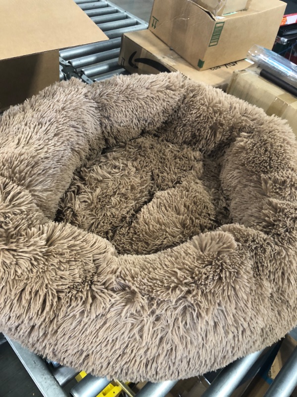 Photo 2 of Calming Dog Bed & Cat Bed, Anti-Anxiety Donut Dog Cuddler Bed, Warming Cozy Soft Dog Round Bed, Fluffy Faux Fur Plush Dog Cat Cushion Bed for Small Medium Dogs and Cats (20"/24"/27"/30") 24" Brown