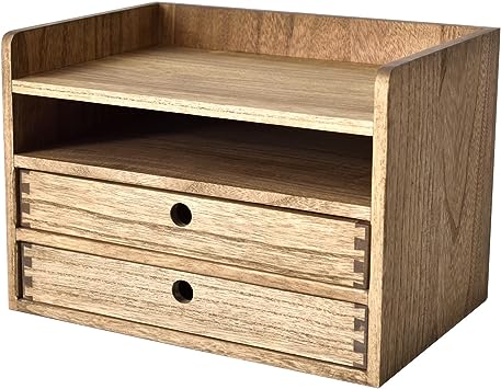 Photo 3 of KIRIGEN Wooden Desk Organizer with Drawers for Home Office, Office Supplies, Wooden Makeup Box Storage Box with 2 Drawers and 1 Shelf Dark Brown
