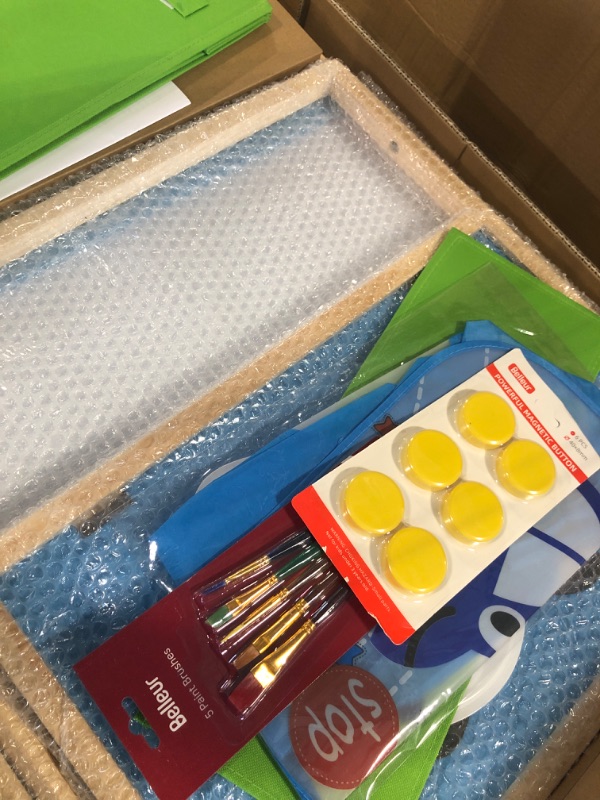 Photo 1 of Belleur All-in-one Kid Easel Including 2 Paper Rolls, Magnetic Letters, 6 Finger Paints, 8 Colors Markers, Deluxe Standing Art Easel with Magnetic Chalkboard & Whiteboard, Easy to Adjust Height - Blue All-in-one Kid Easel-Blue