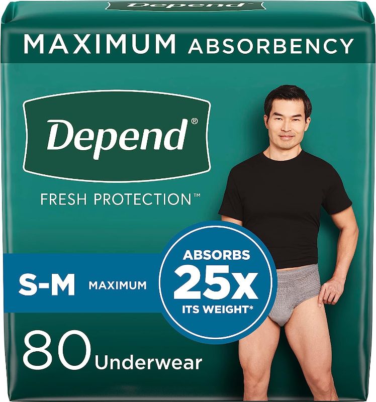 Photo 1 of Depend Fresh Protection Adult Incontinence Underwear for Men (Formerly Depend Fit-Flex), Disposable, Maximum, Small/Medium, Grey, 80 Count, Packaging May Vary