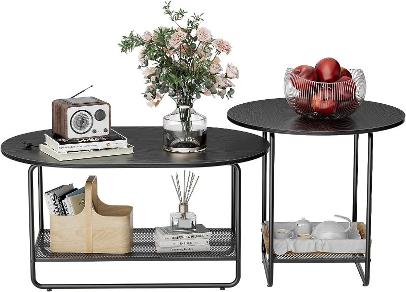 Photo 2 of Amada Coffee Table Set, 2-Tier Center Table with Open Shelf and Metal Frame, Modern Round Coffee Table for Living Room, Set of 2, AMCT2B Black