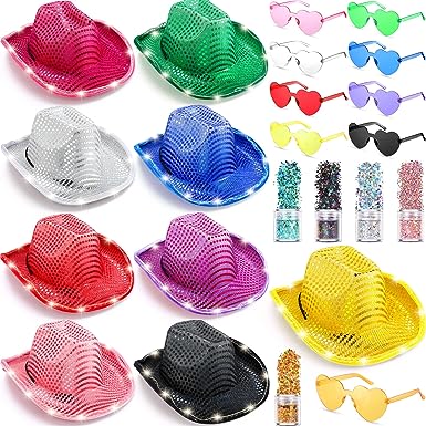 Photo 1 of 23 Pcs Cowboy Light up Hat Bulk Flashing Holographic Cowgirl Hats St Patrick's Day Sequined Cowboy Costume Accessories Heart Shape Rimless Sunglasses for Women (Elegant Color, Delicate Style)