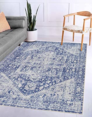 Photo 1 of Adiva Rugs Machine Washable Area Rug with Non Slip Backing for Living Room, Bedroom, Bathroom, Kitchen, Printed Persian Vintage Home Decor, Floor Decoration Carpet Mat (Blue, 3' x 5')