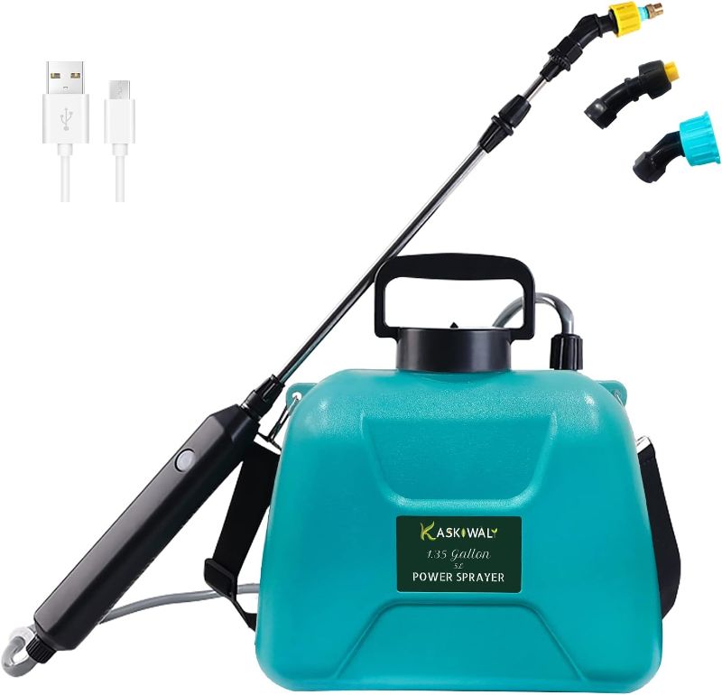 Photo 1 of Battery Powered Garden Sprayer with 3 Mist Nozzles, 1.35 Gal Lawn Water Sprayer with USB Rechargeable Handle and Telescopic Wand, Portable Electric Sprayer with Shoulder Strap for Gardening, Cleaning
