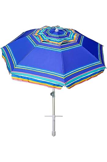 Photo 1 of AMMSUN 7ft Heavy Duty High Wind Beach Umbrella Parasols with sand anchor & Tilt Sun Shelter, UV 50+ Protection Outdoor Sunshade Umbrellas Carry Bag for Patio Garden Pool Backyard Stripe Blue