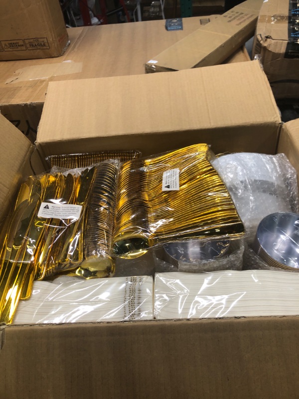 Photo 2 of 700 Piece Gold Dinnerware Set for 100 Guests, Plastic Plates Disposable for Party, Include: 100 Gold Rim Dinner Plates, 100 Dessert Plates, 100 Paper Napkins, 100 Cups, 100 Gold Plastic Silverware Set