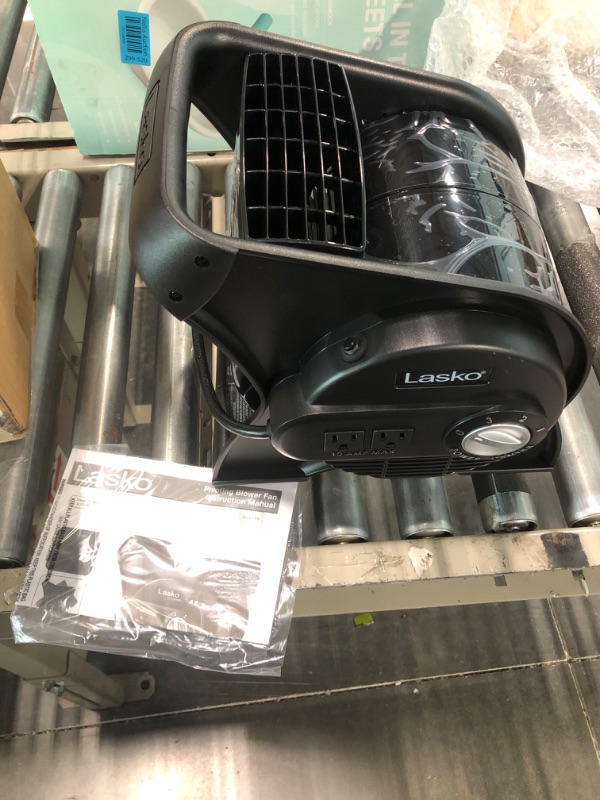 Photo 3 of Lasko High Velocity Pivoting Utility Blower Fan, for Cooling, Ventilating, Exhausting and Drying at Home, Job Site, Construction, 2 AC Outlets, Circuit Breaker with Reset, 3 Speeds, 12", Black, U12104
