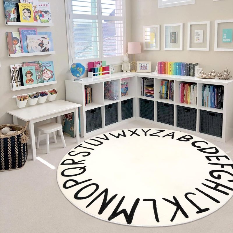 Photo 1 of LIVEBOX ABC Round Kids Rug Circle Play Mat for Playroom,Learning Nursery Rug Alphabet Washable Rug for Baby Boy and Girl Bedroom,Non-Slip Educationa Carpet for Toddlers (59",Black,Beige)
