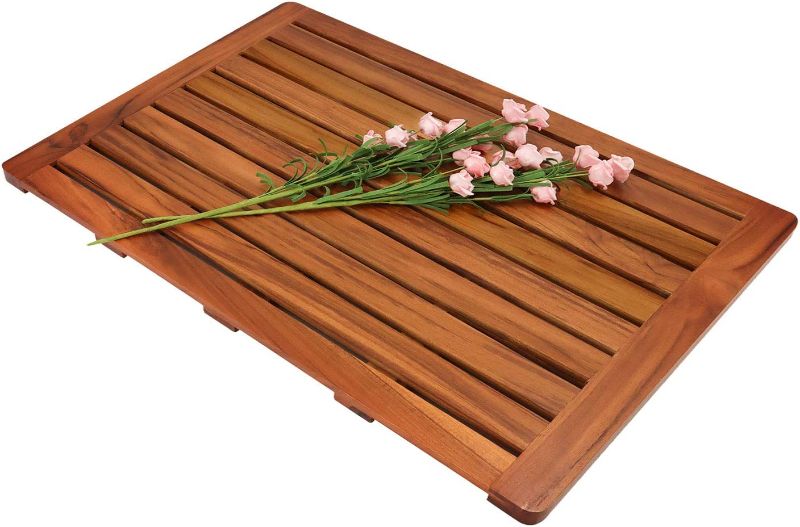 Photo 1 of (24"x18") Teak Wood Bath Mat, Shower Mat Non Slip for Bathroom, Wooden Floor Mat Square Large for Spa Home or Outdoor