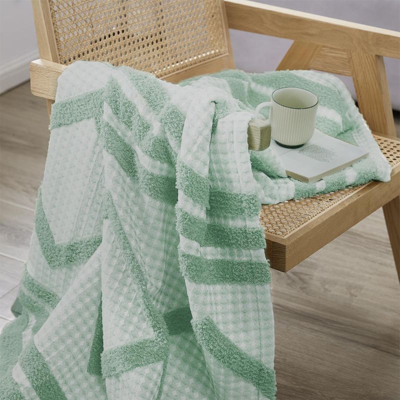 Photo 1 of Amélie Home Tufted Woven Throw Blanket, Reversible Textured Geometric Decorative Throw Blanket, Soft Cozy Lightweight Blanket for Couch Bed Outdoor in Spring Summer, 50"x60", Mint Green
