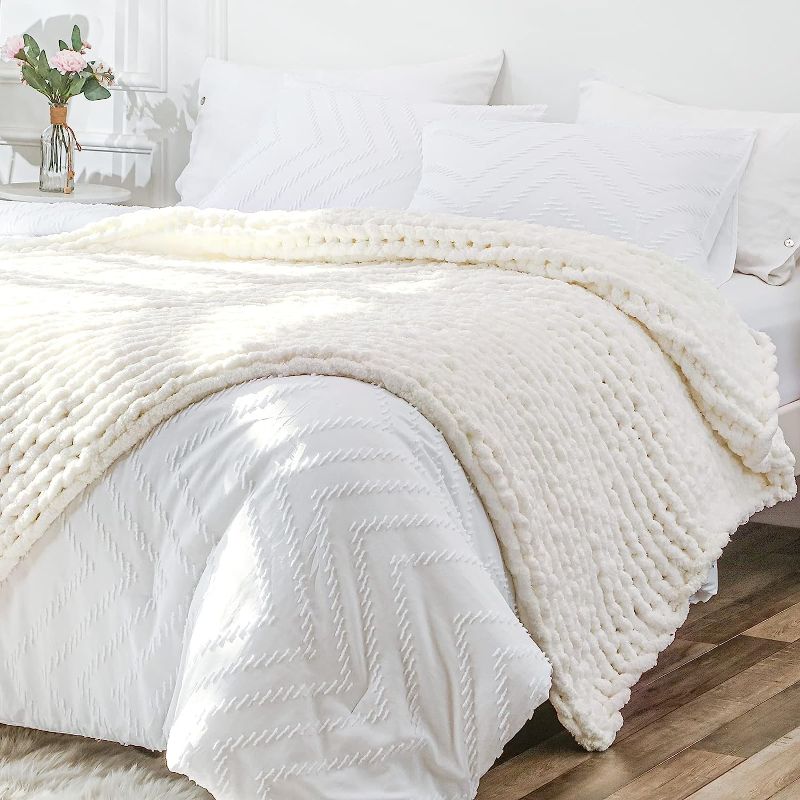 Photo 1 of Bigacogo Chunky Knit Blanket Throw 51"x63", 100% Hand Knitted Chenille Throw Blanket, Big Soft Thick Yarn Cable Knit Blanket, Large Rope Knot Crochet Throw Blankets for Couch Bed Sofa (Ivory)