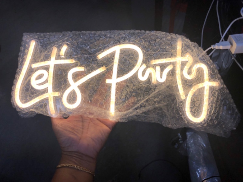 Photo 3 of Ajoyferris Let's Party Neon Signs Dimmable Neon Light Sign for Wall Decor 16''x 7'' Word LED Neon Sign Art Decorative Lights for Bachelorette Party, Engagement Party, Birthday Party,Wedding Party Warm White A-Warm White