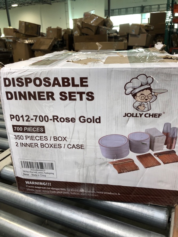 Photo 2 of 700 Piece Rose Gold Dinnerware Set-200 Gold Plastic Plates-300 Rose Gold Plastic Silverware-100 Rose Gold Plastic Cups-100 Disposable Hand Towel-Disposable Dinnerware for Halloween, Thanksgiving