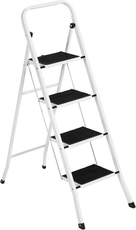 Photo 1 of 4 Step Ladder, SPIEEK Folding Step Stool with Wide Anti-Slip Pedal, 330lbs Capacity Portable Lightweight Ladders for Home Kitchen Outdoor, White White 4-step