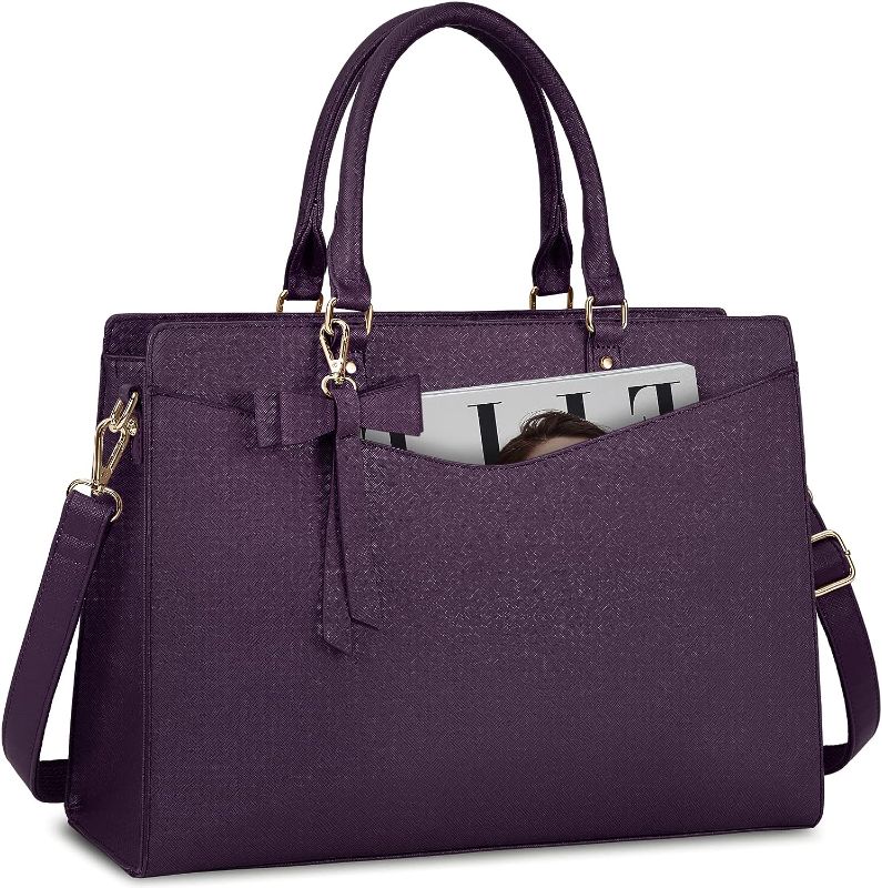 Photo 1 of Laptop Bag for Women 15.6 Inch PU Leather Tote Bag Professional Business Office Work Bag Waterproof Briefcase Computer Tote Bag Large Capacity Lightweight Handbag Shoulder Bag, Dark Purple
