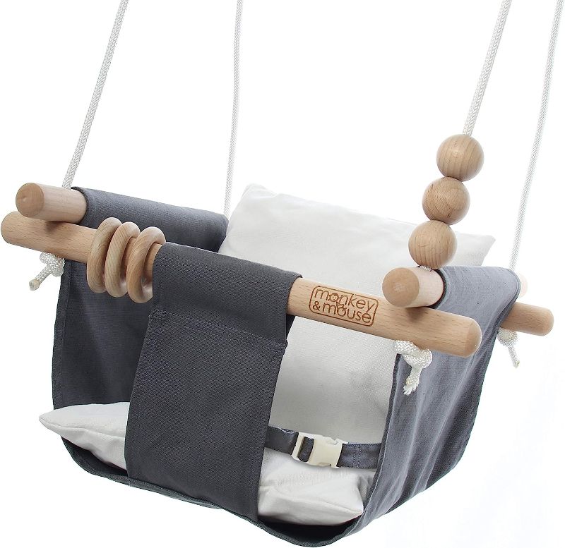 Photo 1 of Monkey & Mouse Baby Swing Seat, Secure Canvas and Wooden Hanging Swing Chair for Baby, Infant, Toddler, Kids Toys - Indoor and Temporary Outdoor Hammock for Indoor Playground, Tree Swings or Backyard