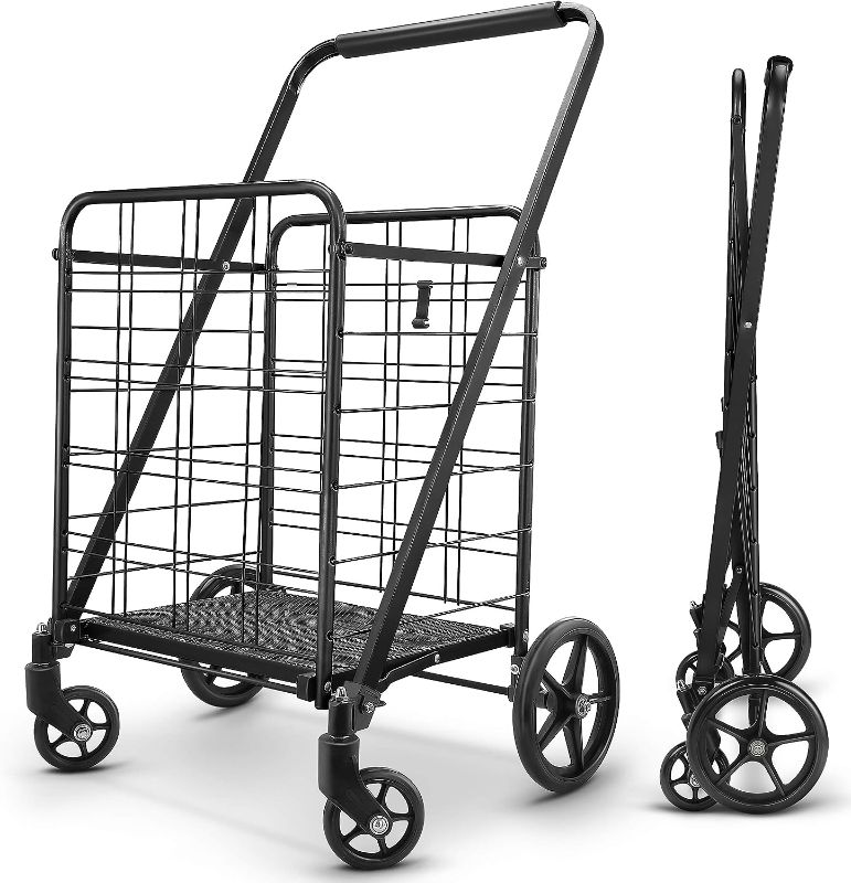 Photo 1 of winkeep Shopping Cart, Upgrade Dense Grid Bottom Folding Cart with 360° Rolling Swivel Wheels Heavy Duty Grocery Utility Cart for Multiple Uses Extra Large Grocery Cart Can Hold Up to 280 lbs
