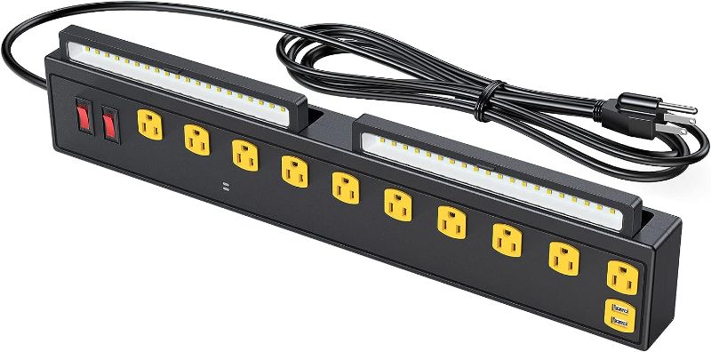 Photo 1 of 15A Power Strip with LED Work Lights, Surge Protector 10-Outlet Workbench Power Outlets 2 USB, ETL Listed Bench Cabinet Power Strip, 6.56ft Cord
