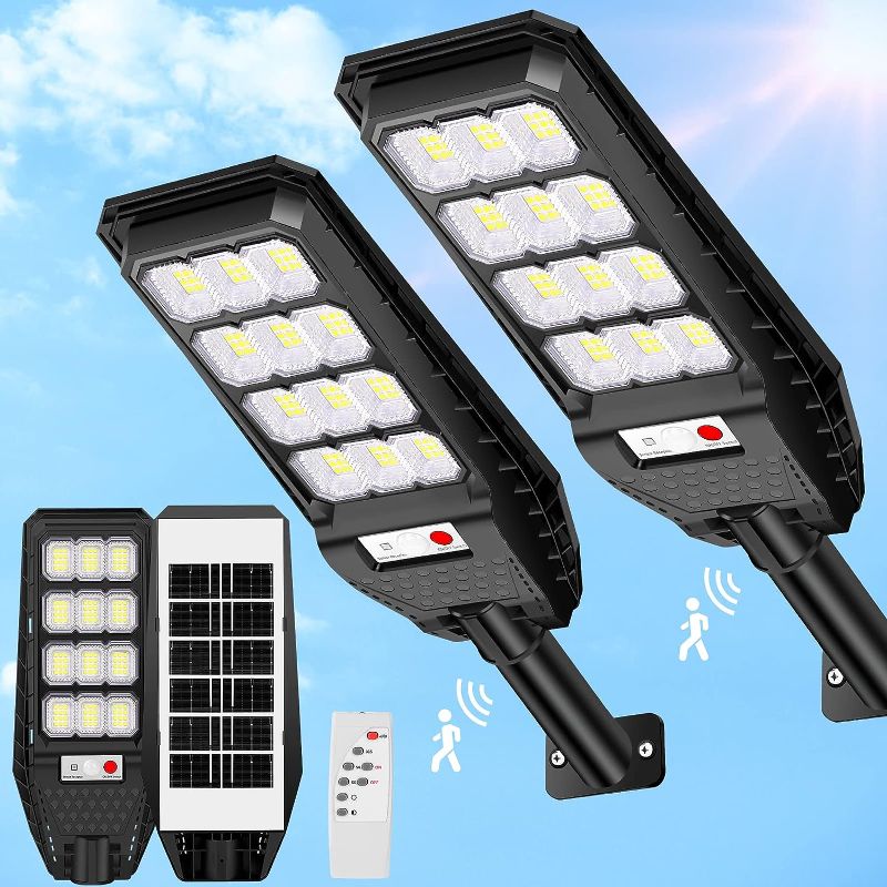 Photo 1 of -Pack Solar Street Lights Outdoor Waterproof, 6500K 6000LM Outdoor LED Street Light Dusk to Dawn, Motion Sensor LED Wide Angle Lamp with Remote Control for Parking Lot Yard