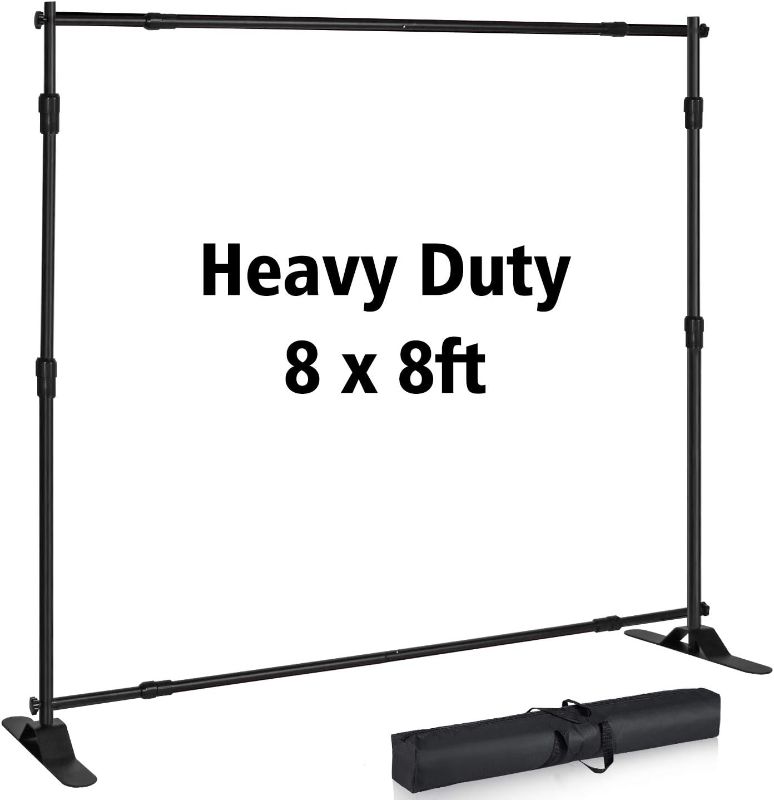 Photo 1 of Photo Backdrop Stand - Heavy Duty Banner Holder Adjustable Photography Poster Stand - Height Up to 8x8 ft Back Drop Stand for Trade Show, Photo Booth, Parties, Wedding, Birthday, Photoshoot Background
