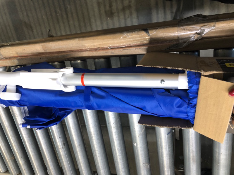 Photo 1 of AMMSUN 6.5ft Twice Folded Portable Beach Umbrella with Sand Anchor Windproof,Push Button Tilt and Air Vent UV 50+ Protection Fits in a Large Suitcase for Patio Garden Beach Pool Backyard Blue