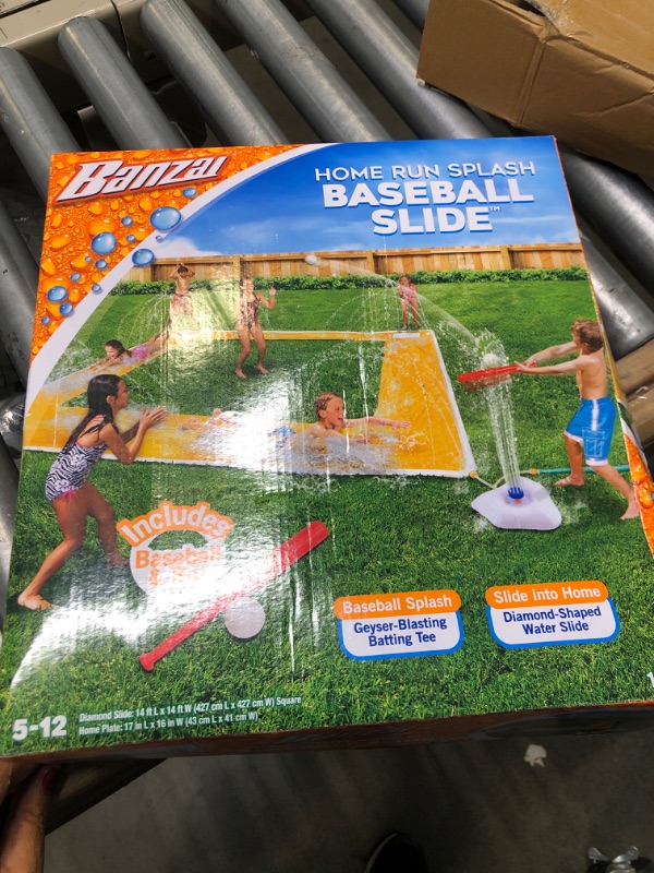 Photo 1 of BANZAI Home Run Splash Baseball Slide, Length: 14 ft, Width: 14 ft, Inflatable Outdoor Backyard Water Slide Splash Toy, Baseball Bat & Ball Included, Slide