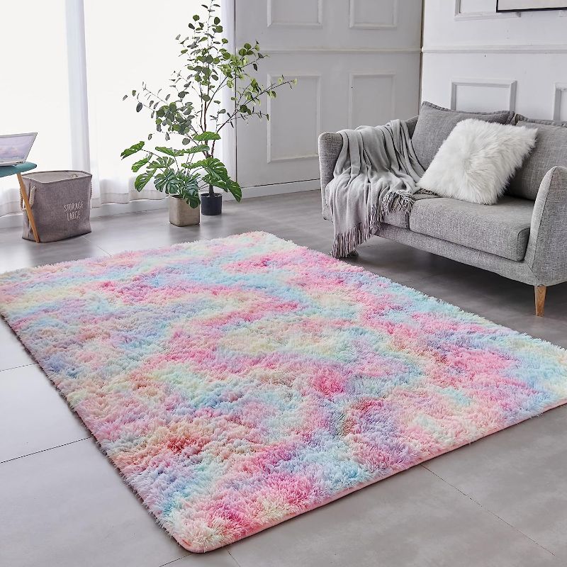Photo 1 of  Shag Area Rug, 4'x6' Tie-Dyed Rainbow Indoor Ultra Soft Plush Rugs for Living Room, Non-Skid Modern Nursery Faux Fur Rugs for Kids Room Home Decor