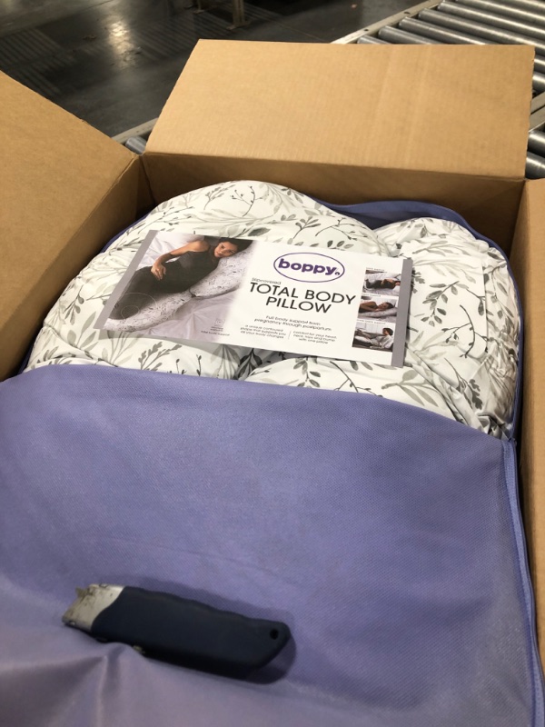 Photo 1 of Boppy Total Body Pregnancy Pillow with Easy-on Removable Pillow Cover in Gray Scattered Leaves for Full-body Support, Body Pillow for Pregnancy and Postpartum Positioning
