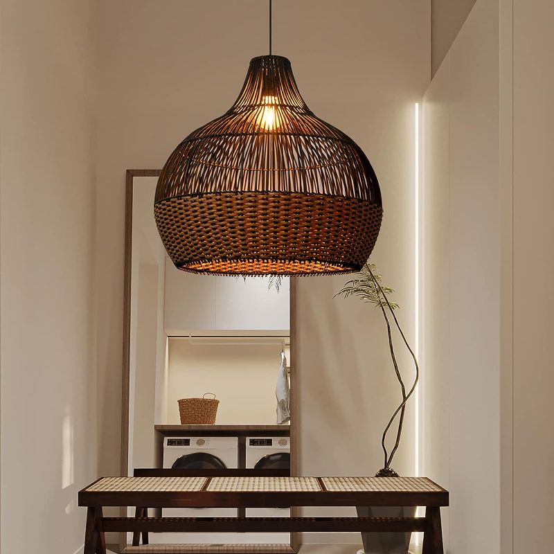 Photo 1 of Arturesthome Rattan Pendant Light Fixtures, Wicker Boho Black Basket Lighting Chandelier, Large Natural Woven Ceiling Hanging Lamp for Kitchen Island Dining Room 23.62"x22.83"