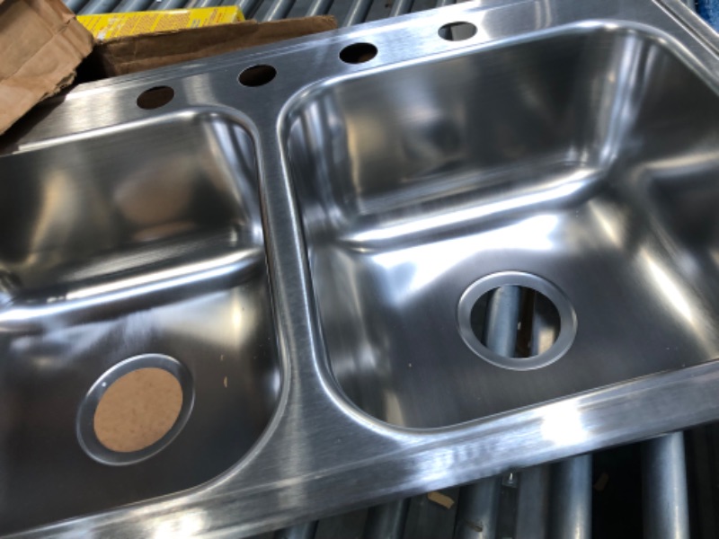 Photo 1 of ***Damaged corners*** Elkay DSE233194 Dayton Equal Double Bowl Drop-in Stainless Steel Sink,33 x 19 33 x 19 4 Faucet Holes Sink Only
