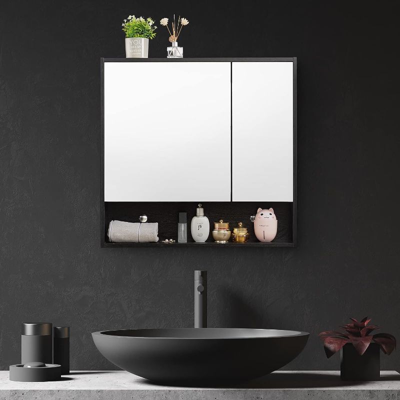 Photo 1 of ALIMORDEN Medicine Cabinet with Mirror and Shelves, Bathroom Wall Storage Cabinet Over The Vanity Sink Toilet, 30.07 Inch x 30 Inch, Black
