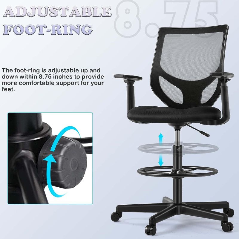 Photo 1 of Tall Drafting Chair - Tall Standing Office Chair with Adjustable Foot Ring, Computer Chair with Lumbar Support and Adjustable Height, Breathable Mesh Chair for Adults