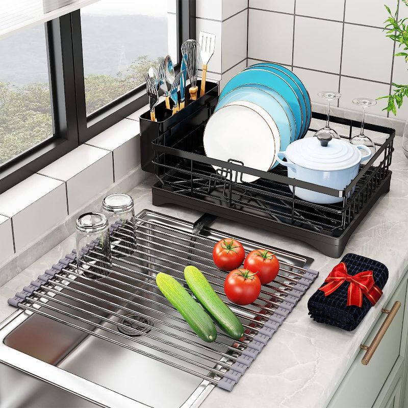 Photo 1 of ANTOPY Dish Drying Rack Large Dish Rack, Rustproof Stainless Steel Dish Racks for Kitchen Counter, Extra Roll-Up Drying Rack for Kitchen Sink, Dish Drainer with Drainboard Utensil Holder Dryer Mat GREY
