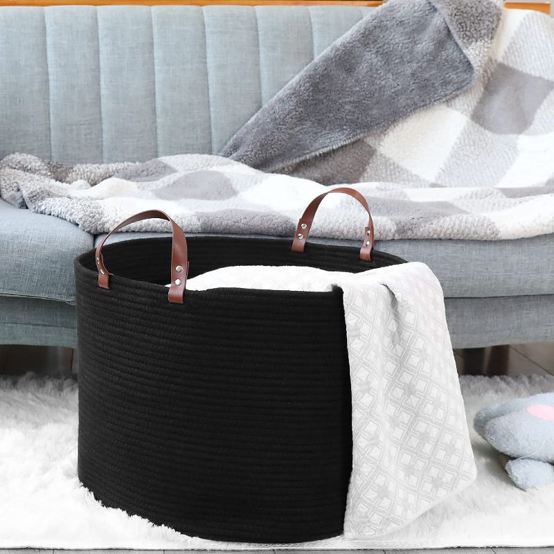 Photo 1 of homdiy XXL Large Baskets for Storage 20inchX20inchX13inch Cotton Rope Blanket Basket Laundry Basket Hamper- Hombins Woven Toy Storage Bin Blanket Holder Collapsible Laundry Basket with Leather Handle