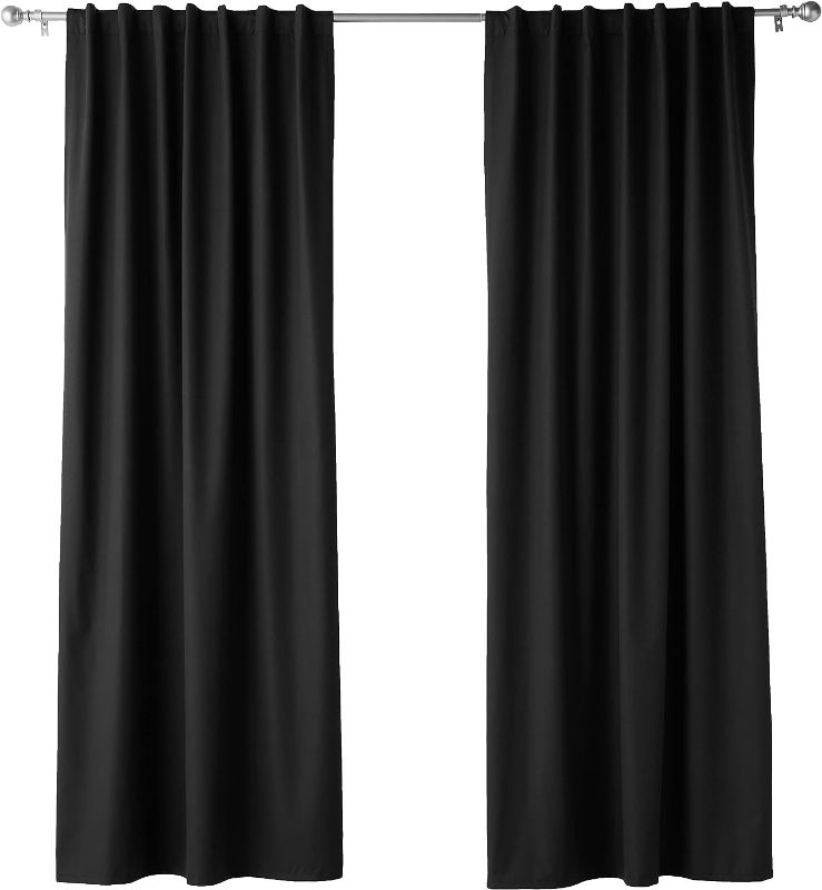 Photo 1 of Amazon Basics Room Darkening Blackout Window Curtains with Back Tab Hanging Loops, Set of 2, 26 in x 62 in, Black
