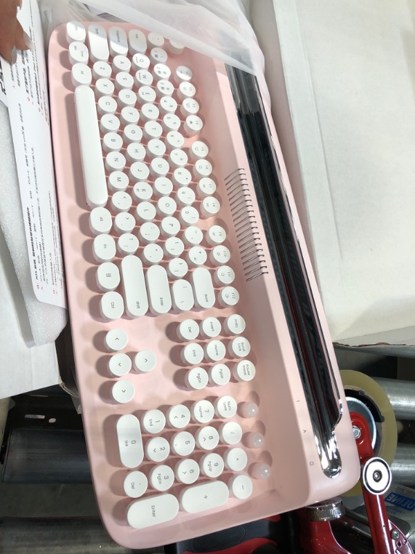 Photo 2 of YUNZII ACTTO B503 Wireless Typewriter Keyboard, Retro Bluetooth Keyboard with Integrated Stand for Multi-Device (B503, Baby Pink) B503 Baby Pink