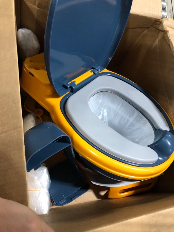 Photo 1 of Potty Training Toilet, Realistic Potty Training Seat, Toddler Potty Chair with Soft Seat, Removable Potty Pot, Toilet Tissue Dispenser and Splash Guard, Non-Slip for Toddler& Baby& Kids Mellow Yellow, Navy Blue