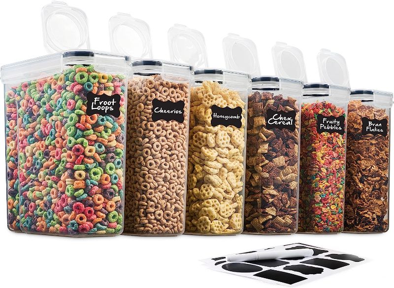 Photo 1 of 6 Pack Airtight Cereal & Dry Food Storage Container - BPA Free Plastic Kitchen and Pantry Organization Canisters for, Flour, Sugar, Rice, Nuts, Snacks, Pet Food & More (135.5 Oz) Labels & Chalk Marker