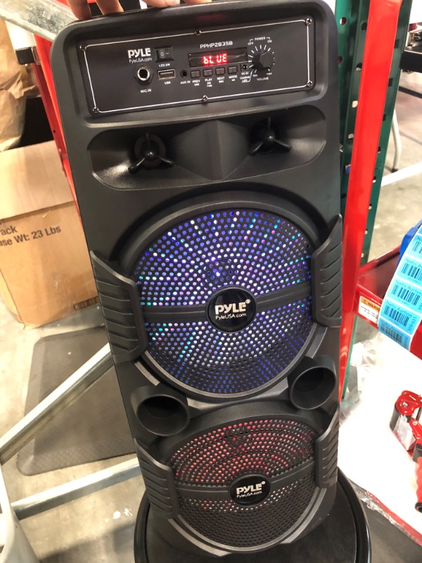 Photo 2 of Pyle Portable Bluetooth PA Speaker System - 600W Rechargeable Outdoor Bluetooth Speaker Portable PA System w/ Dual 8” Subwoofer 1” Tweeter, Microphone In, Party Lights, USB, Radio, Remote - PPHP2835B