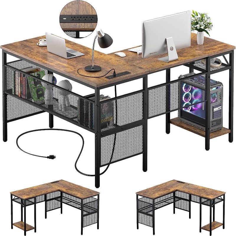 Photo 1 of  L Shaped Computer Desk with Magic Portable 4 Power Outlets and USB Charging Ports, 55 Inch Reversible L-Shaped Corner Table with Storage Shelf, 2 Person Home Office Gaming Desk, Rustic Brown